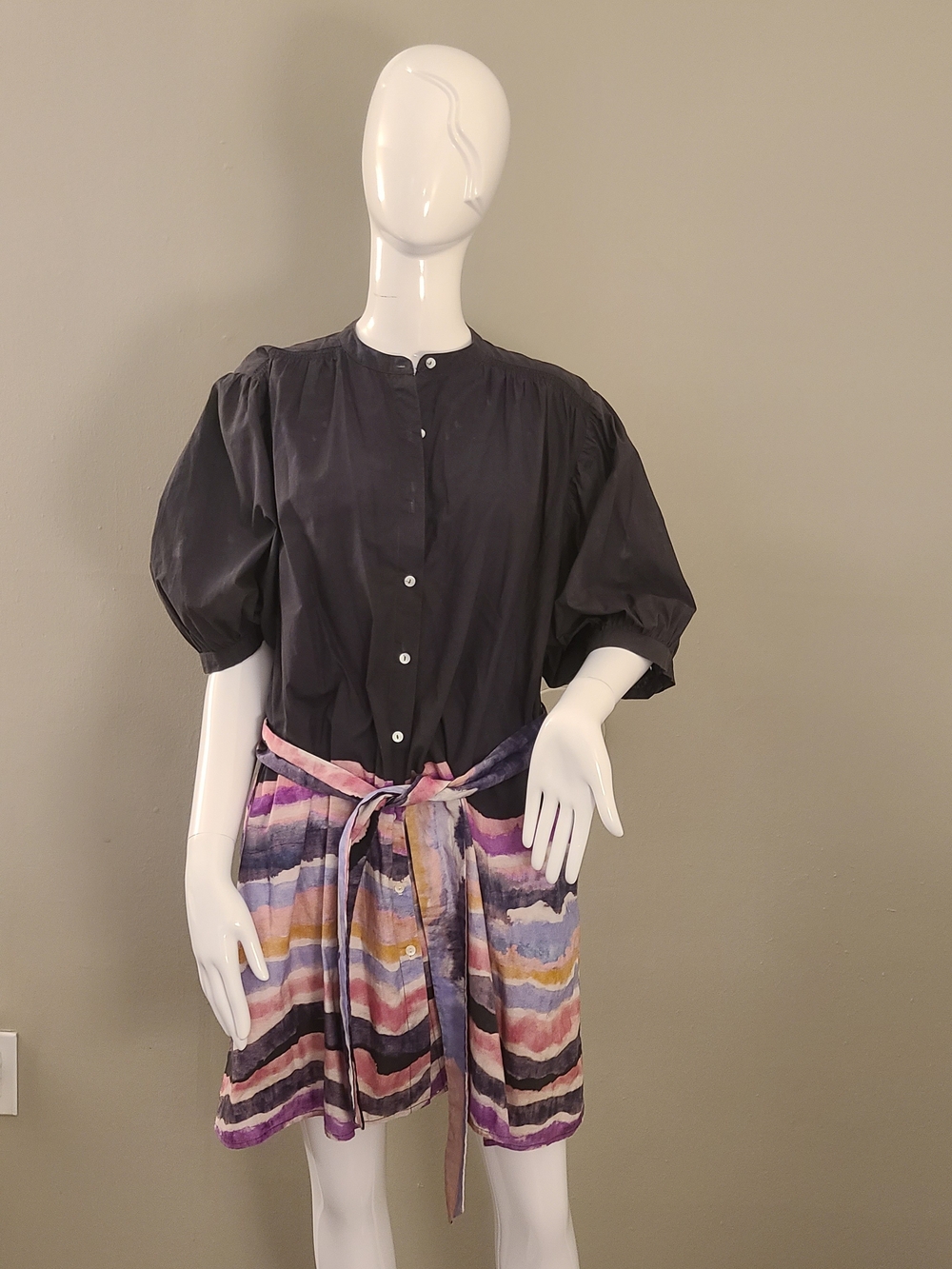 HUF Black Puff Sleeve Button-Down Top with Multicolor Striped Skirt